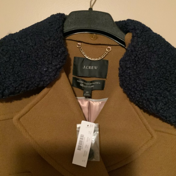 ✨J. Crew Tan Ready to Wear Double-Breasted Peacoat Coat w/Shearling Collar BNWT✨ - Picture 4 of 6